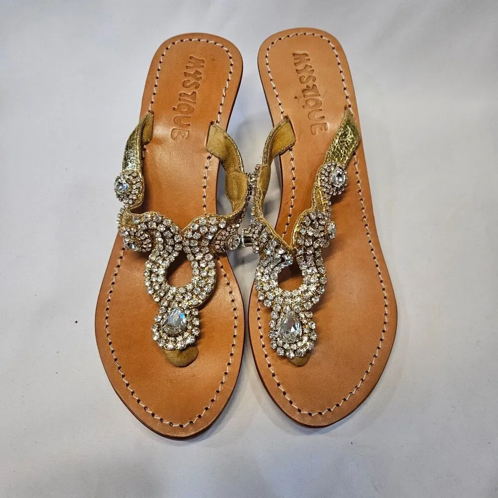 Mystique Womens Leather Crystal Sequin Jewel Wedge Thong Sandals 7 Embellished